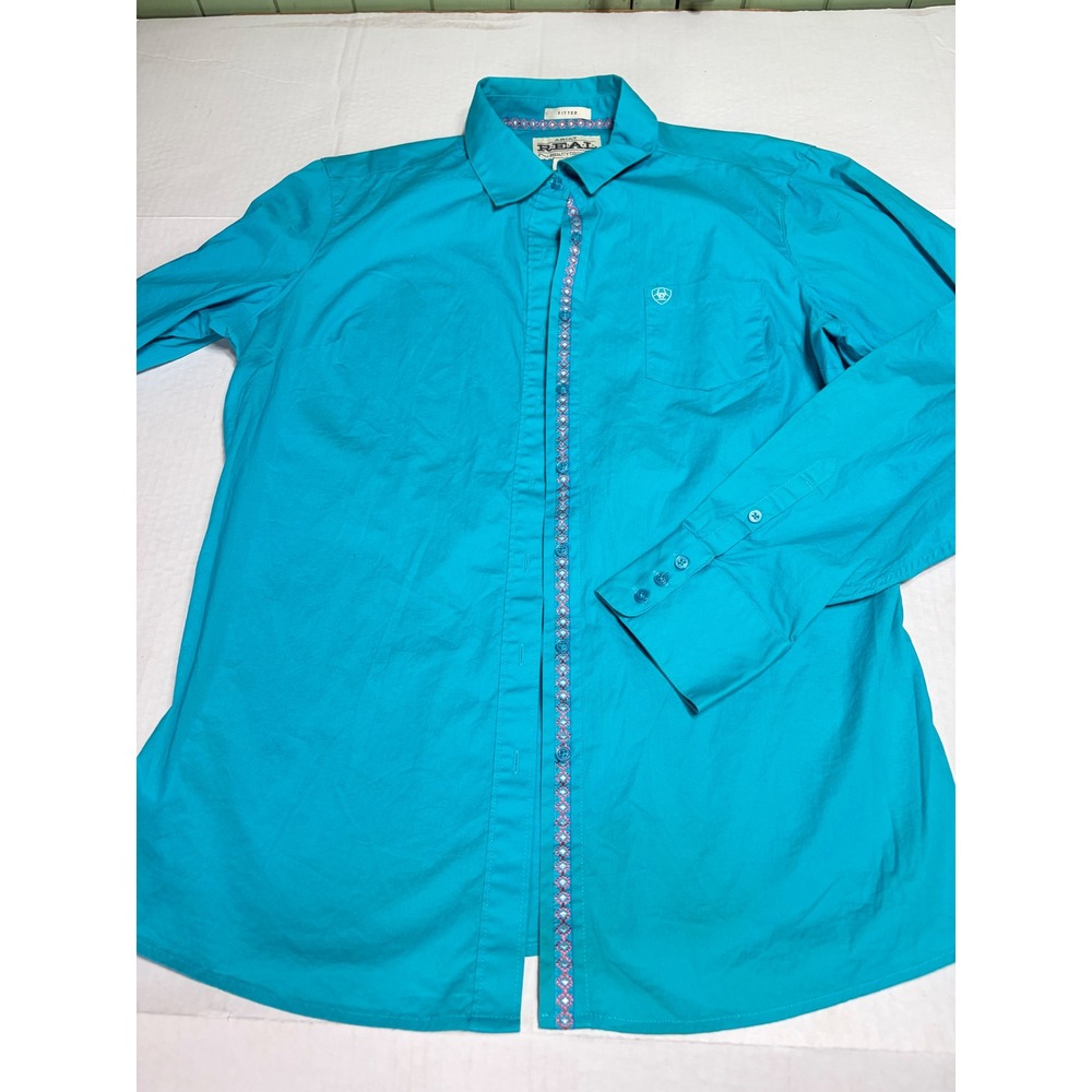 Ariat Real Turquoise Blue Fitted Western Button Down Shirt XL Embroidered Trim